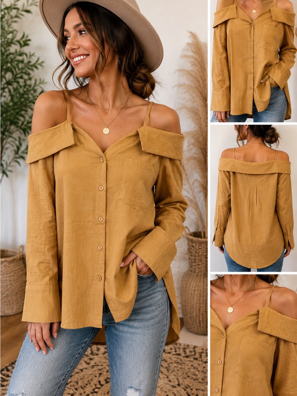Easel Los Angeles S Mustard Cold Shoulder Button Down Boho Tunic Top Hi Low